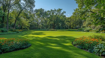 A picturesque scene unfolds before your eyes, with a verdant lawn surrounded by vibrant trees and colorful flowers, creating a tranquil oasis in nature