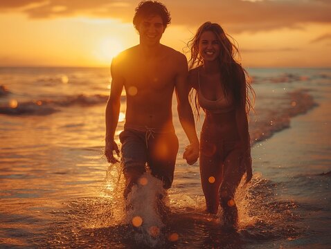 beautiful couple play on the beach in the sunset time