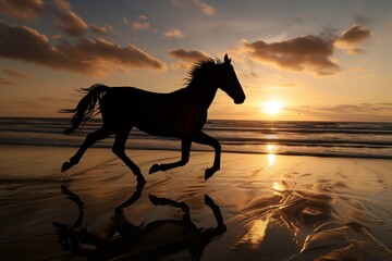 silhouette of horse running at sunset on beach - obrazy, fototapety, plakaty