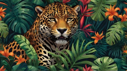 Jungle, animals and tropics. Vector illustrations of flamingo, panther, tiger, leopard, palm leaves, flowers and textures. Drawings for poster, background and cover   geneative ai 