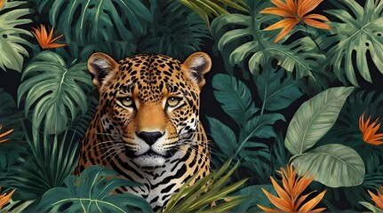 Jungle, animals and tropics. Vector illustrations of flamingo, panther, tiger, leopard, palm leaves, flowers and textures. Drawings for poster, background and cover   geneative ai 
