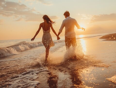 beautiful couple play on the beach in the sunset time