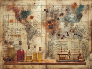 vintage and scientific images, Ancient instruments against the old paper background