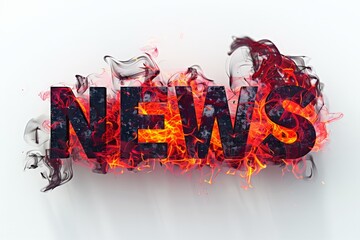 The word news is depicted with fiery flames and billowing smoke, symbolizing urgency and the rapid spread of information - obrazy, fototapety, plakaty