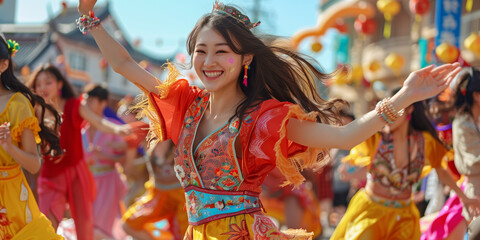 Asian woman celebrating American and Pacific Islander Heritage Month dance - obrazy, fototapety, plakaty