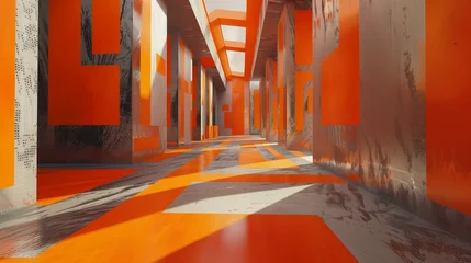 Fotobehang Traverse the corridors of a virtual citadel, where orange and grey geometric motifs adorn the walls, echoing the structured complexity of artificial intelligence © shumail