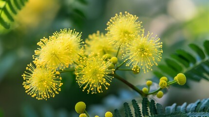 Beautiful Yellow mimosa flowers in spring garden. Yellow flowering mimosa tree. Close up