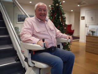 A pensioner rides a stair lift up a flight of stairs, AI generated