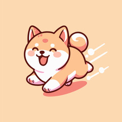 Happy Shiba Inu running joyfully on an orange backdrop.