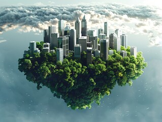Business buildings surrounded by trees floating in the sky