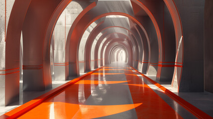 Traverse the corridors of a virtual citadel, where orange and grey geometric motifs adorn the walls, echoing the structured complexity of artificial intelligence