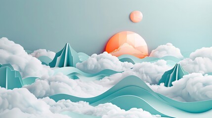 an auspicious clouds scene merged with kirigami illustration elements, featuring intricate 3D geometric designs within a captivating landscape. - obrazy, fototapety, plakaty