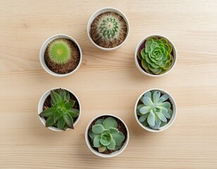 Minimalist Elegance: Succulent Plants in Petite Pots Adorning a Beige Wooden Table