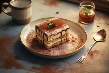 Exquisite tiramisu on a metal tray against a pastel painted wood background