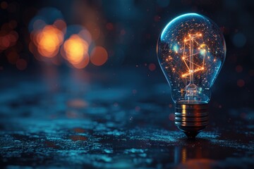 Brainstorming Bright Ideas: Digital Three-Dimensional Low Poly Wireframe Image of a Transparent Blue Light Bulb Made Up of Polygons, Forms, and Lines with a Focus on Technology and Creativity