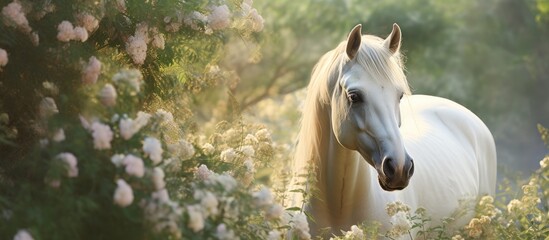A white horse with a flowing mane stands majestically in a field of vibrant flowers, its eyes...