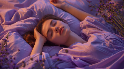Young woman sleeping peacefully surrounded by lavender. Relaxation and sleep wellness concept. Design for health and wellness articles, sleep therapy marketing, and bedroom product advertisements. 