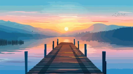 Zelfklevend Fotobehang Wooden pier at lake and sunrise Flat vector  © Aina