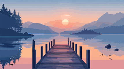 Wooden pier at lake and sunrise Flat vector  - obrazy, fototapety, plakaty