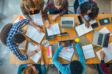 Above view of group of people sitting around a table working on laptops