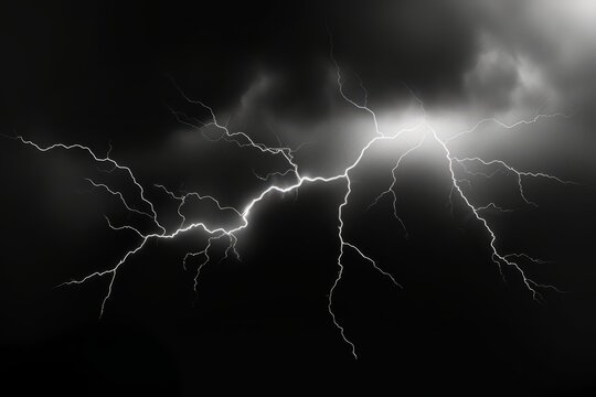 Black background with isolated thunder lightning bolts, representing an abstract concept of electricity. Generative AI