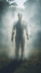 Fototapeta premium An unknown human shadow on a misty mysterious jungle. Strange and scary human silhouette. Concept of horror, nightmare, death waiting, unbelievable situation. Generative AI