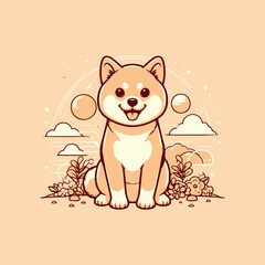 Smiling Shiba Inu on orange surface.