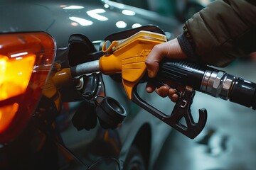 Person filling up car's gas tank with yellow light, refueling at gas station in the evening - obrazy, fototapety, plakaty
