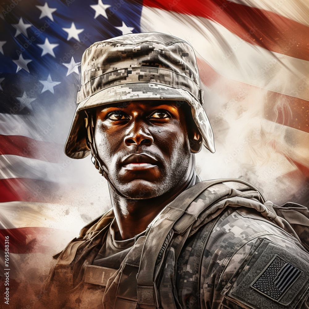 Canvas Prints illustration of senior US army with us flag background america vete, Generative ai