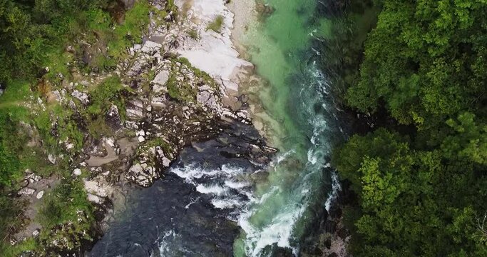 Alpine river in Austria, pristine landscape, river valley drone flight