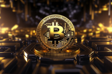 Bitcoin on a yellow-purple dark electronic background. An abstract image. Digital electronic currency. Cryptocurrency.