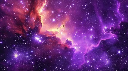 Naklejka premium An enchanting view of a vast galaxy swirling with stars, bathed in the soft glow of a purple sky that casts a magical hue over the celestial landscape. 