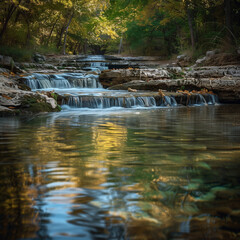 Serene River Cascade in Autumnal Forest