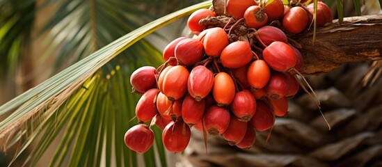 A bunch of red dates, a seedless fruit, hang from a palm tree. These dates can be used as a natural...