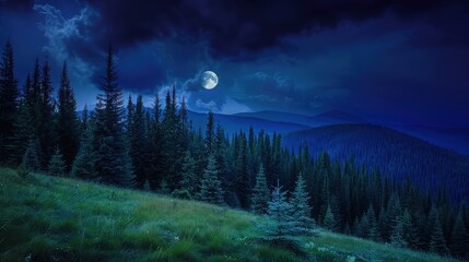 An awe-inspiring view of a mountainous landscape under the moonlight, with the moon hanging low in the sky, illuminating the rugged terrain with its ethereal light. 