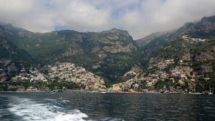 Positano Town View From Mediterranean Sea Landscape Panorama - obrazy, fototapety, plakaty