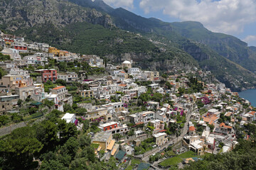 Aerial View of Picturesque Town Positano at Amalfi Coast Italy - obrazy, fototapety, plakaty