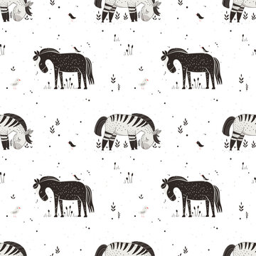 Cute cartoon ponies in the meadow, seamless vector pattern