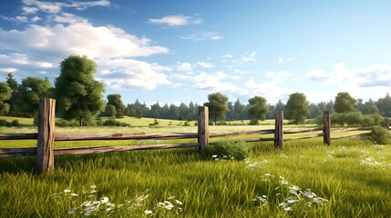 Fototapeta premium Landscape with old wooden rustic fence. meadow in the background. 