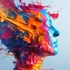 Closeup of a 3D, stylized human silhouette with a vibrant splash of paint on the head area, symbolizing creative outpouring and the brainstorming process - obrazy, fototapety, plakaty