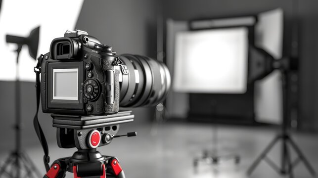 camera on a tripod in Modern photo studio with professional equipment, Background for product photography, mockup design, product presentation