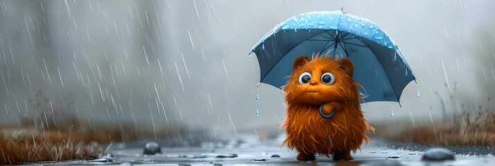Funny Monster with Umbrella in the Rain 3D Illustration,
A blue bear with a pink umbrella is standing in the rain