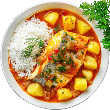 Fish stew with potatoes and rice in white background png