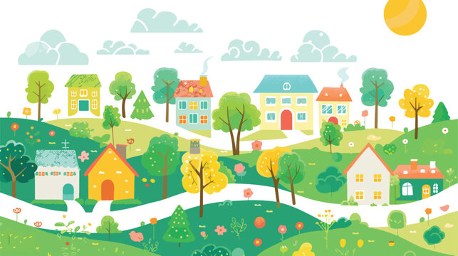Spring Village flat vector isolated on white background
