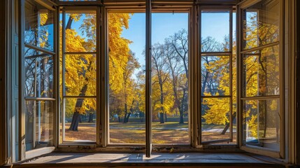 A picturesque morning scene viewed from a house window, featuring a stunning yellow tree bathed in the golden light of dawn.
