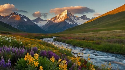 Beautiful alpine meadow and snow-capped mountains at sunset. Beautiful spring and summer natural panoramic pastoral landscape - obrazy, fototapety, plakaty