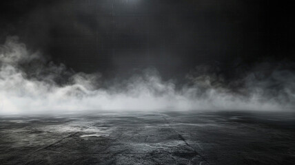 Abstract image of dark room concrete floor. Black room or stage background for product placement.Panoramic view of the abstract fog. White cloudiness, mist or smog moves on black background - obrazy, fototapety, plakaty