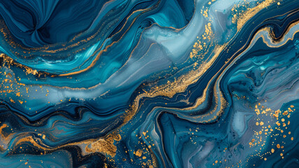 Abstract ocean- ART. Natural Luxury. Style incorporates the swirls of marble or the ripples of agate. Very beautiful blue paint with the addition of gold powder - obrazy, fototapety, plakaty