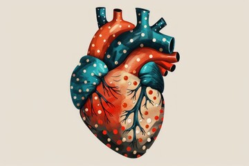 a polka dots pattern heart organ in beige, teal and red colors, high luxury details, illustration, isolated on a light background