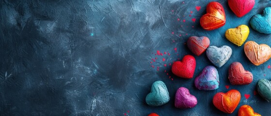 Colorful heart-shaped stones arranged on a dark textured background with space for text. - obrazy, fototapety, plakaty